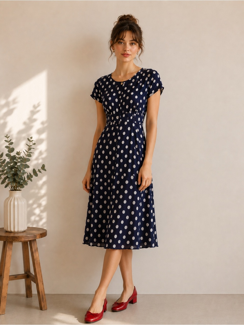 Navy Polka Dot Midi Dress with Cap Sleeves